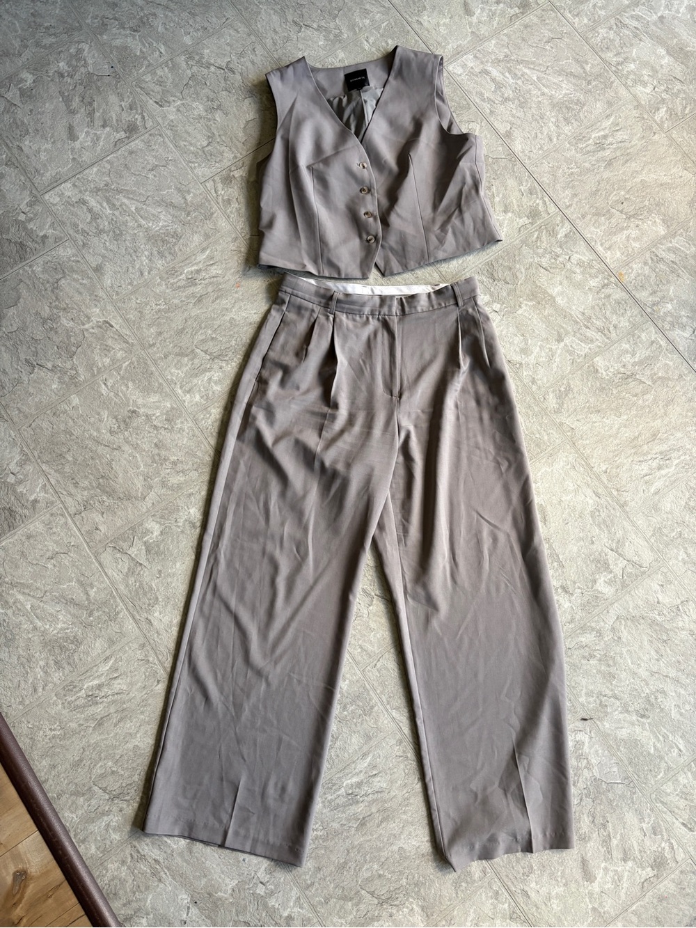 Dynamite Taupe Two-Piece Wide-Leg Pants & Cropped Vest Set